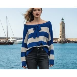 Free People Sweater Oversized Nautical Blue Beige Stripe SZ Sm Office Relaxed